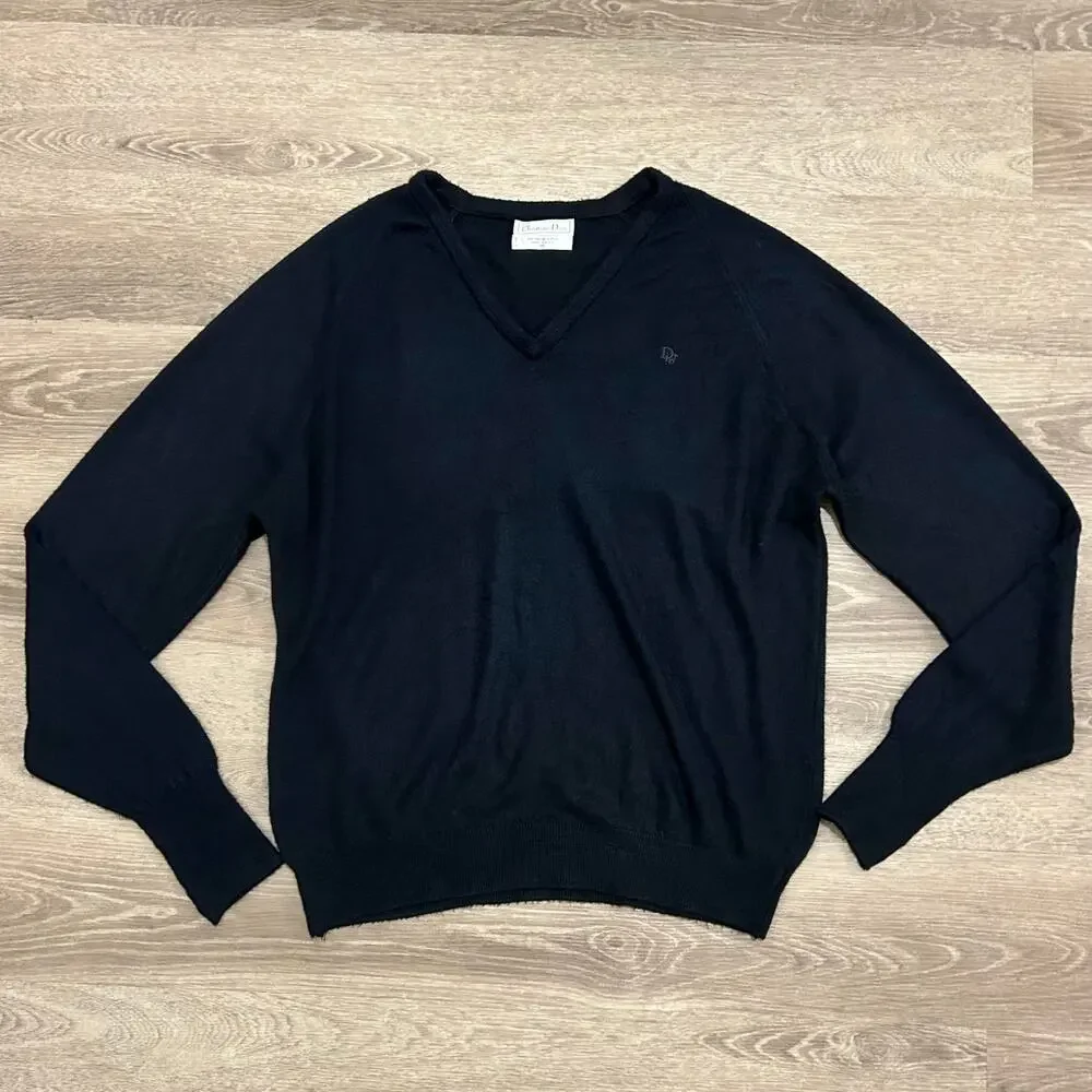 Vintage Christian‎ Dior V Neck Sweater Navy Minimakist Logo Knit XL USA